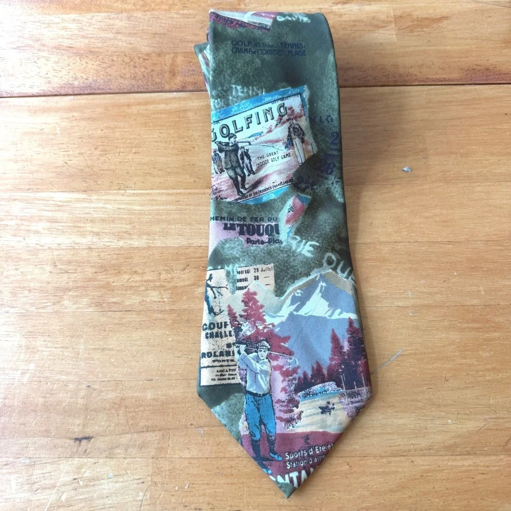 Zylos George Machado Silk Tie Vintage Golf Tennis Sports Graphic Olive Green